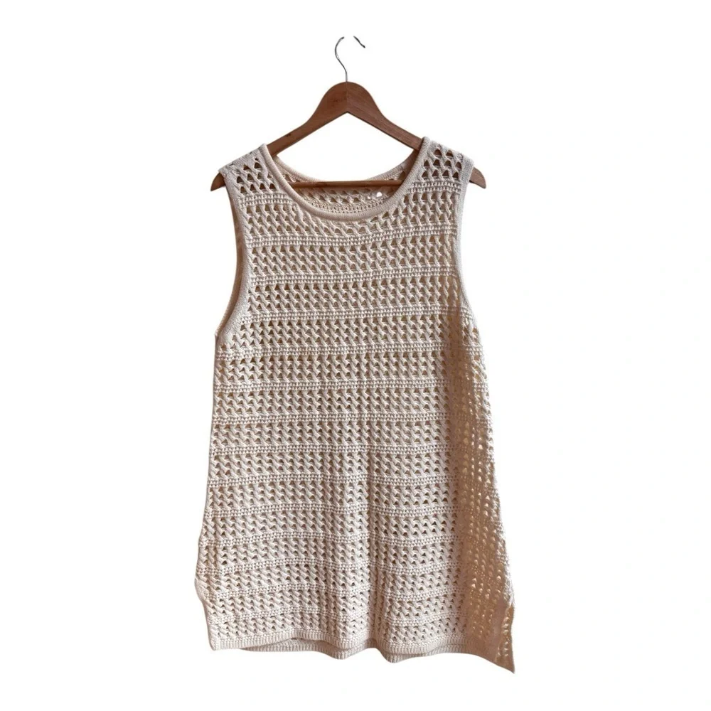 Ivory Open Knit Sleeveless Sweater Tunic Swim Cover Dress Womens Size L Beach